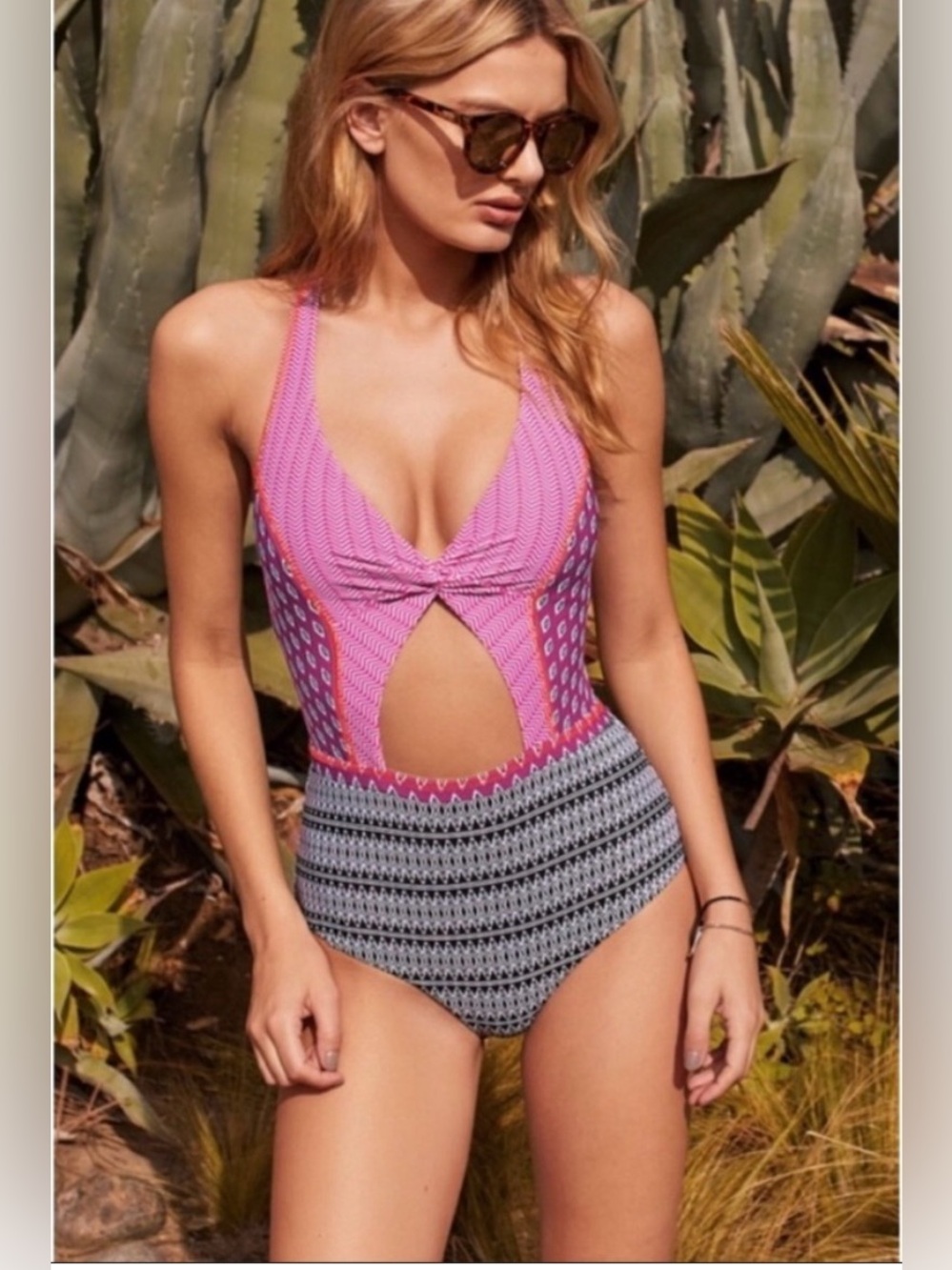 Pink Cutout One-Piece Swimsuit with Patterned Waist
